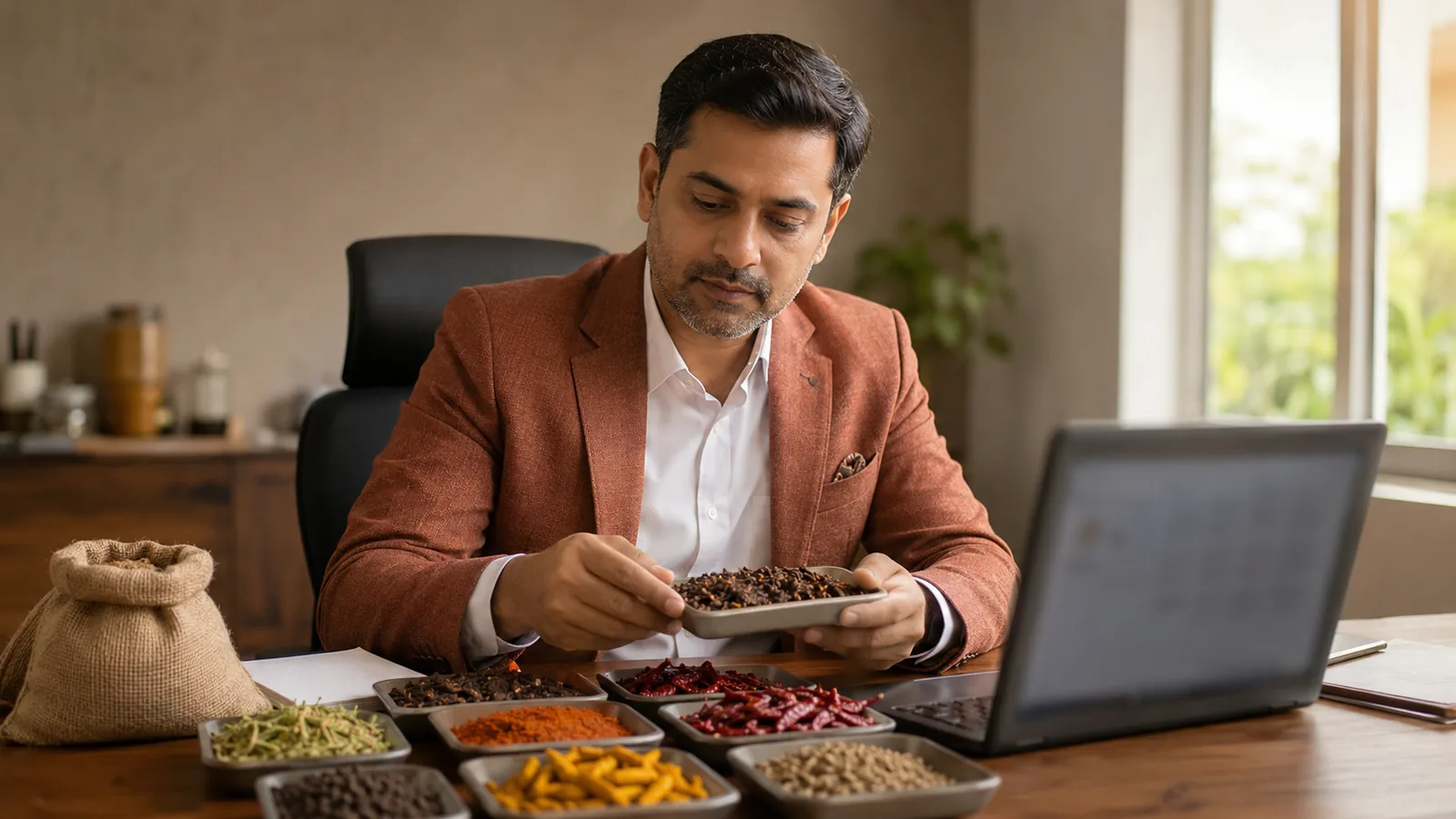 A spice sourcing desk reviewing sample trays
