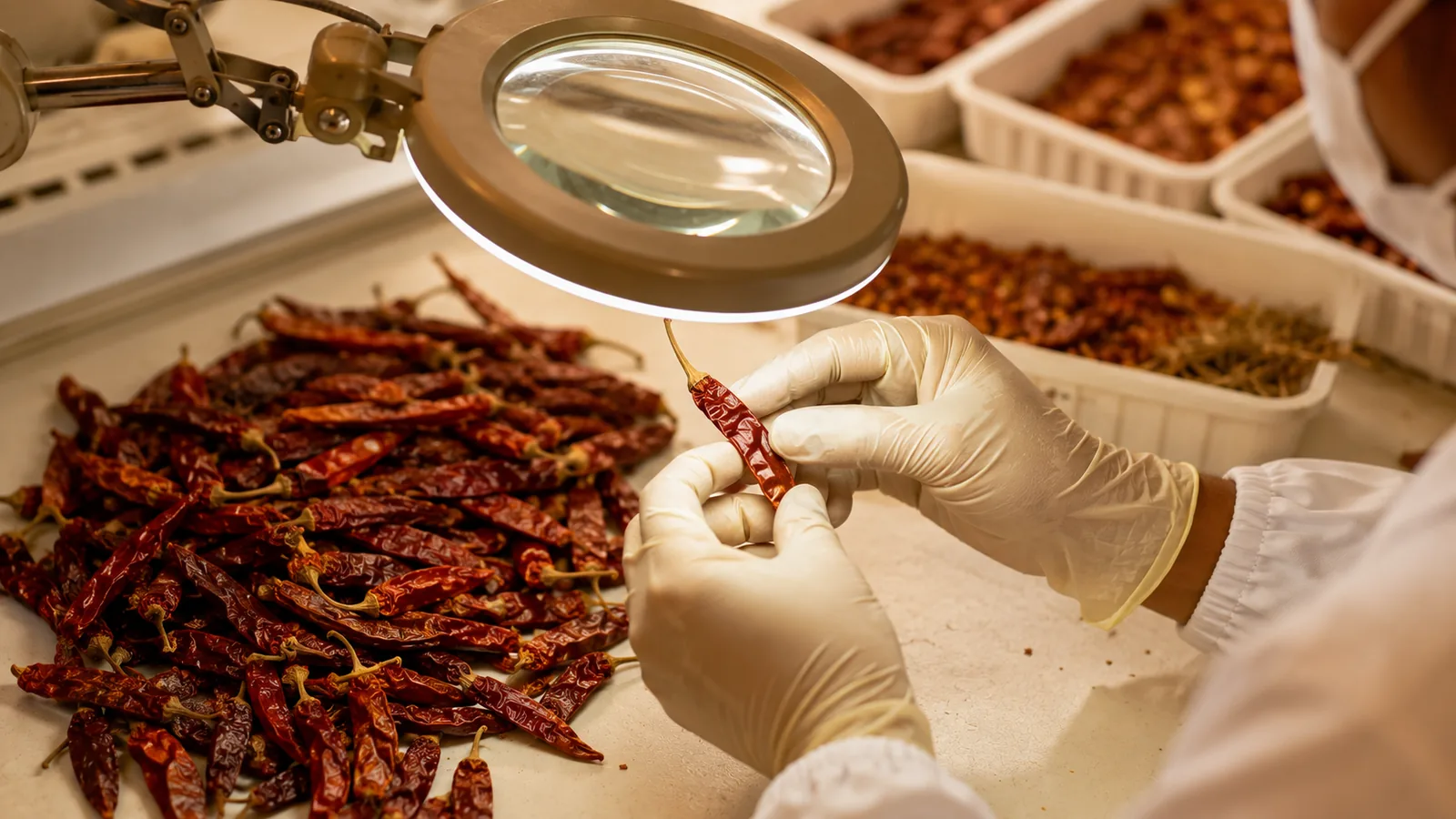Gloved hands grading dried spices for quality