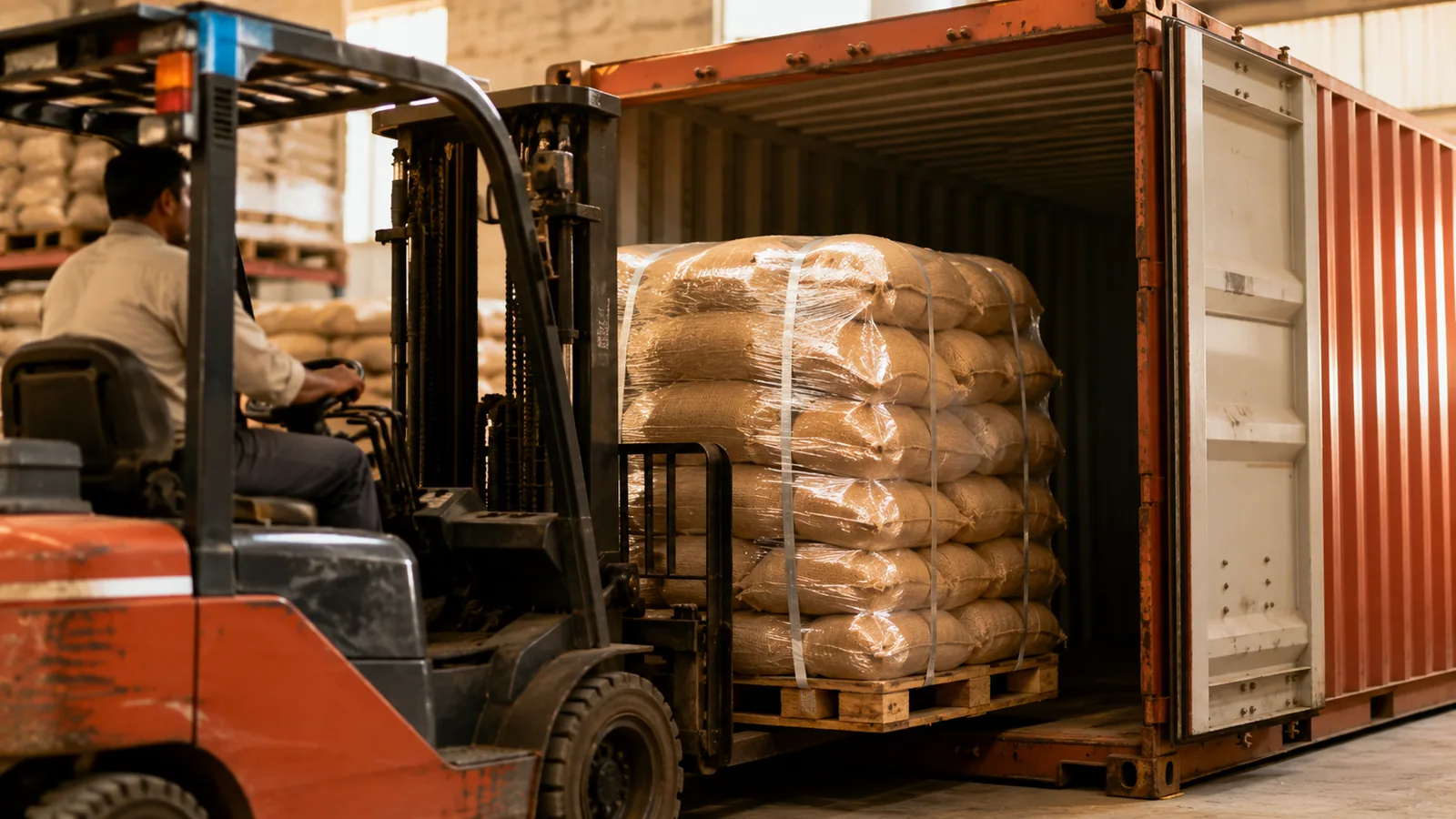 Spice sacks loaded into an export container