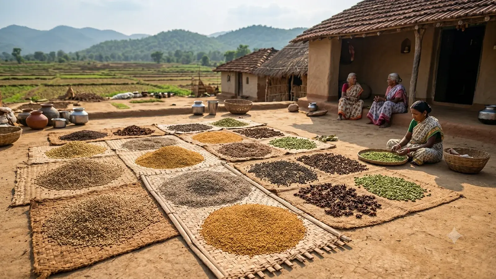 Spices drying on mats in rural India
