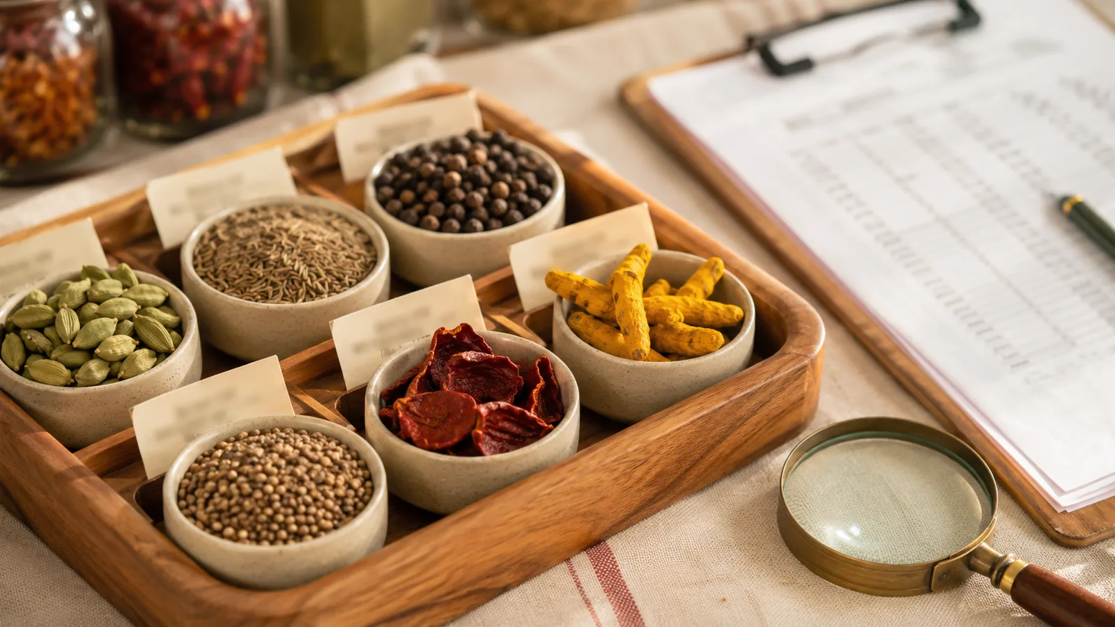 Graded spice samples laid out on an inspection tray