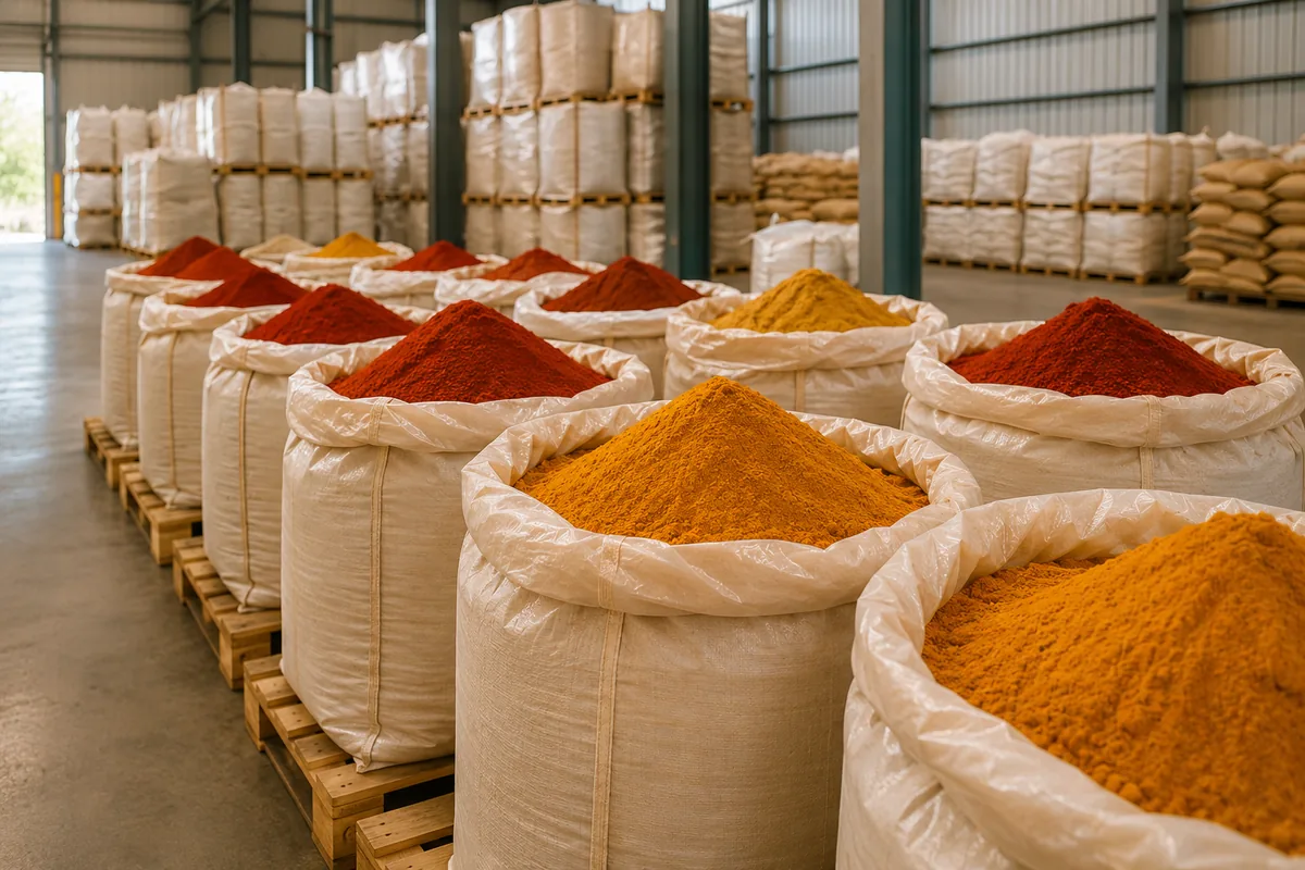 Bulk food-grade spice sacks on pallets